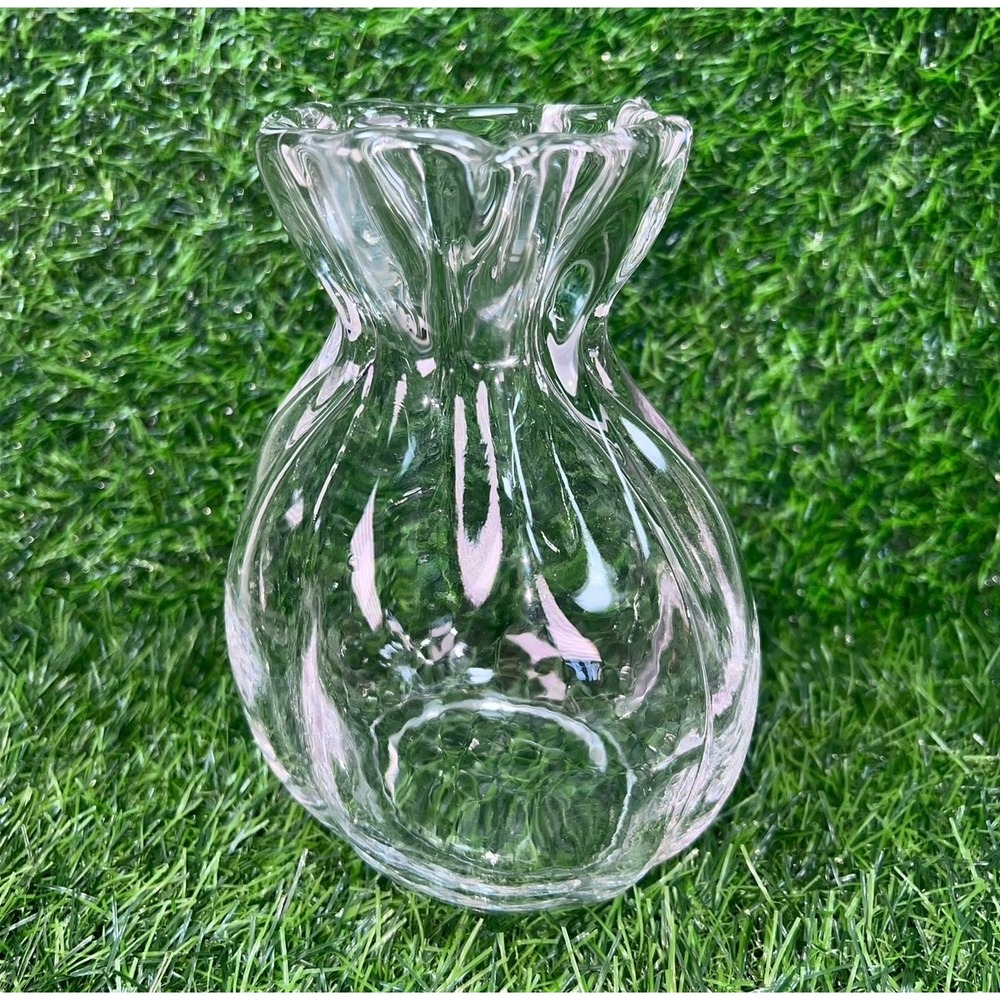 Clear Glass Drawstring Bag Pouch Vase Ruffled Rim Ribbed Texture 7in - Picture 9 of 14
